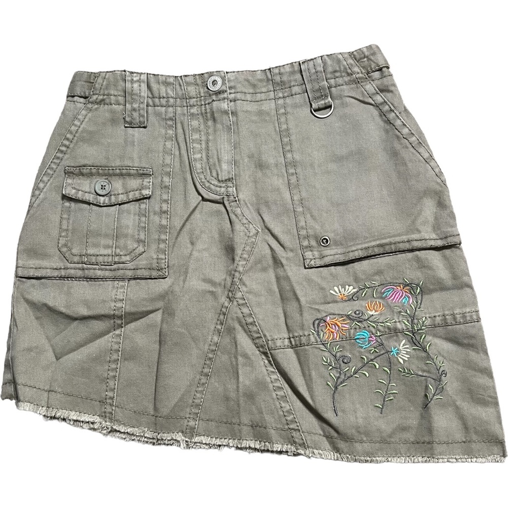 La Decker Olive Green Denim Floral Embroidered Cargo Skirt Size Small Y2K Cotton